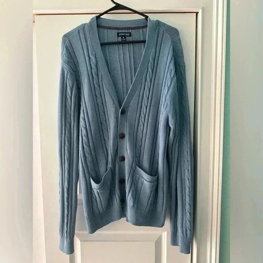 Vintage St. John’s Bay Cable Knit Cardigan Sweater Men Medium Solid Blue Hipster